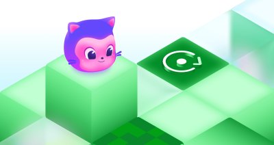 Mona sits on a raised green block beside another block displaying a circular refresh-style icon.