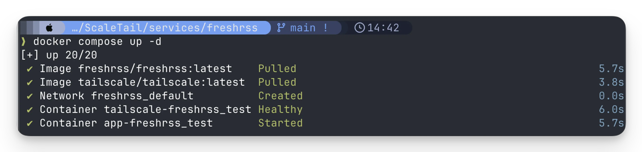 Docker Compose terminal output displaying successful deployment of 20 services including freshrss and tailscale containers. The screenshot shows container health status, pulled Docker images, and network creation with startup times, indicating a fully operational Docker containerized application stack.