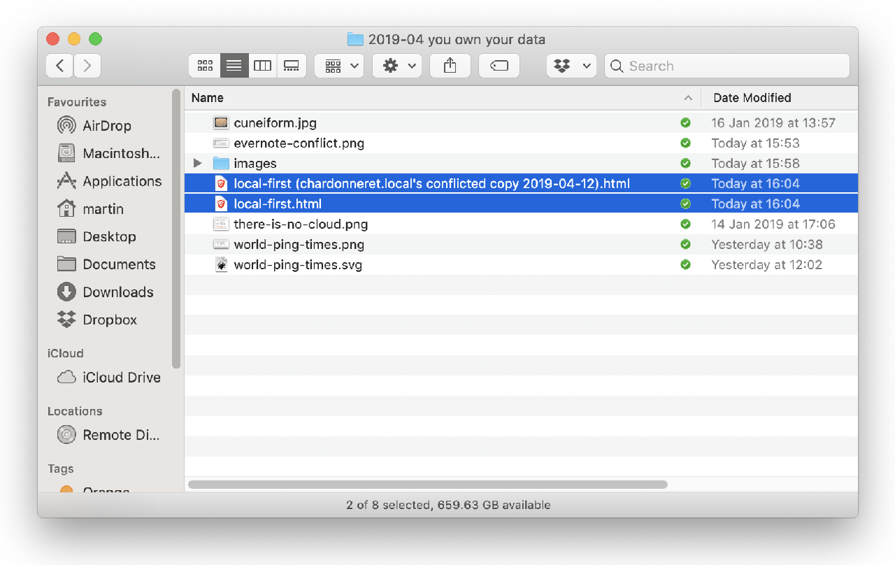 Finder window showing conflicted files in Dropbox