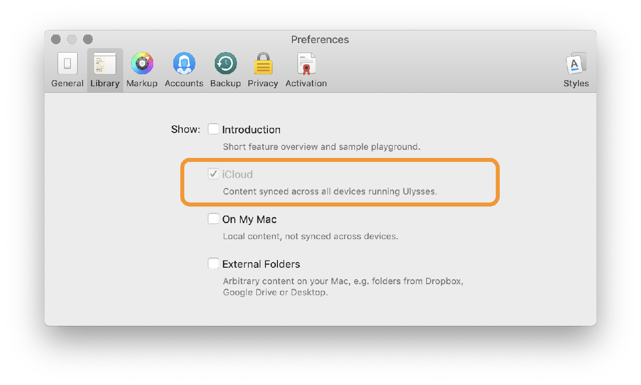 The preferences dialog of Ulysses, with the iCloud option checked
