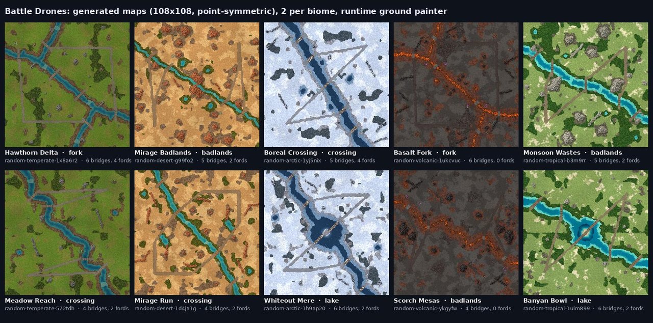 Grid of ten top-down game maps, two per biome (temperate, desert, arctic, volcanic, tropical), each with a river or lava flow, bridges and roads. Title: "Battle Drones: generated maps (108x108, point-symmetric), 2 per biome, runtime ground painter". Each map is captioned with a name and layout type plus a seed and crossing counts, e.g. "Hawthorn Delta · fork" "random-temperate-1x8a6r2 · 6 bridges, 4 fords"; layout types are fork, badlands, crossing and lake.