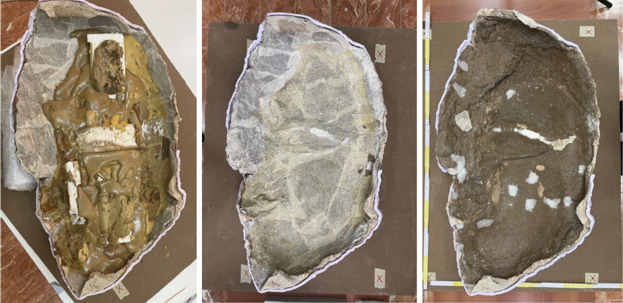 Three phases of maintenance on an artifact shaped in a the side profile of a face.