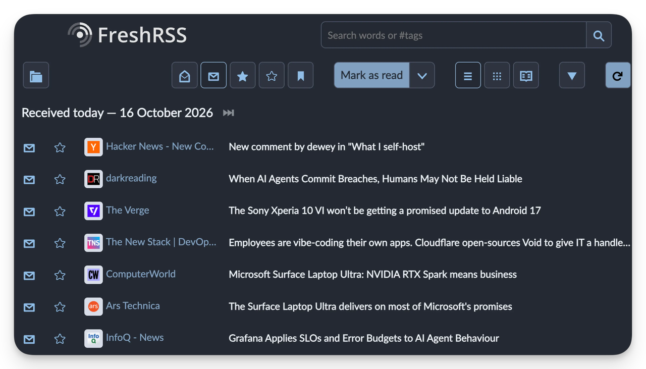 FreshRSS interface showing 7 unread stories, received on October 16, 2026, from sources including Darkreading, The Verge, The New Stack, ComputerWorld, Ars Technica, and InfoQ. Messages cover topics about AI agents, Android updates, Surface Laptop Ultra, and AI agent behavior. Search bar and action buttons visible at top.