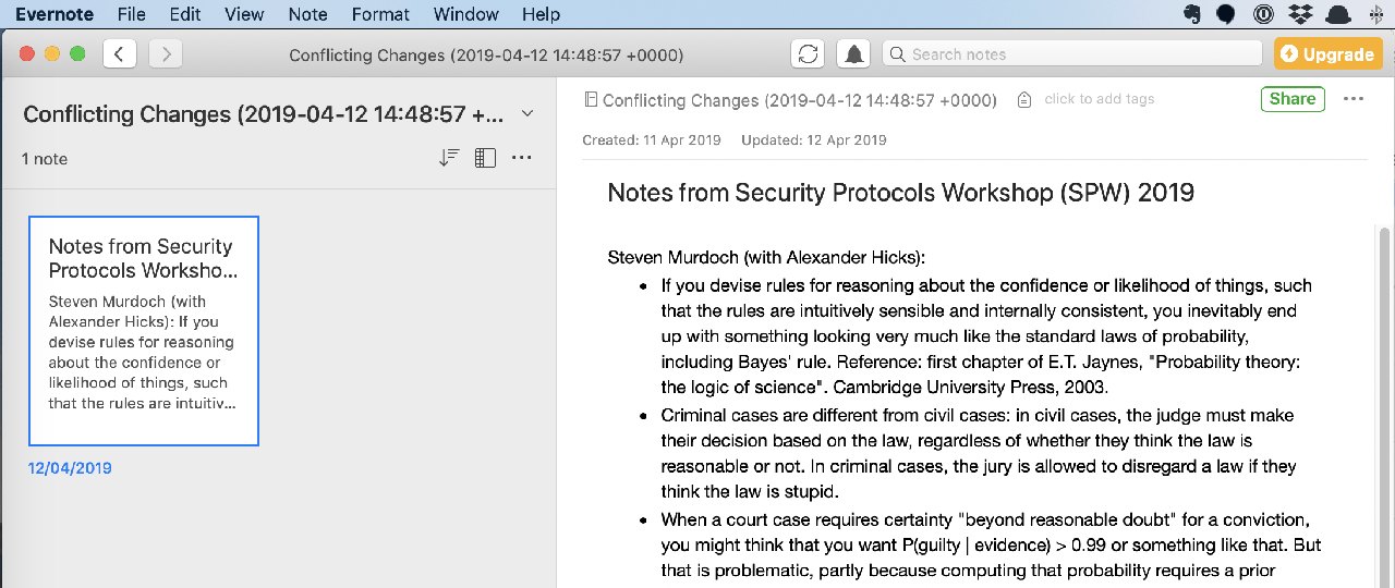 A note with conflicting edits in Evernote