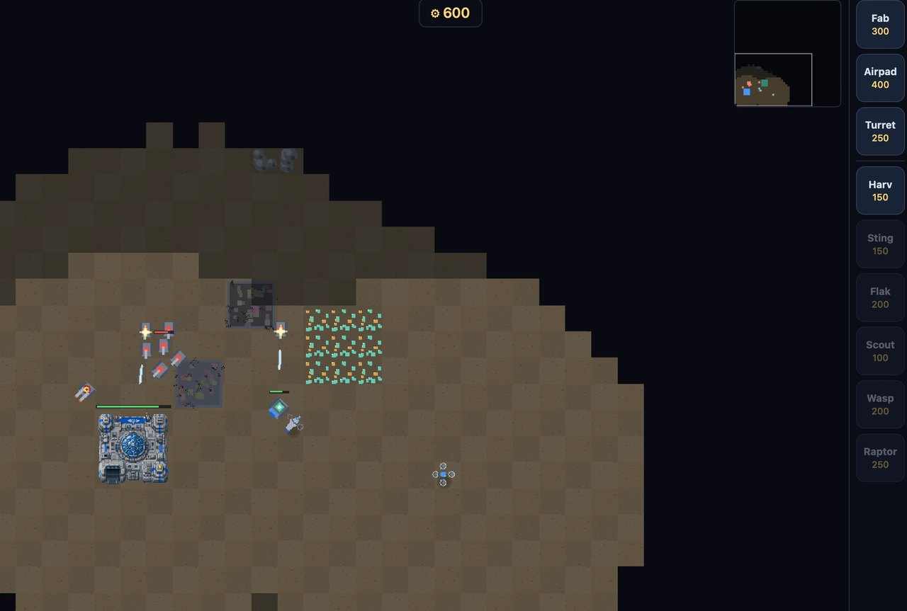 Game screen. Down the right are text icons to build Fab, Airpad, Turret, Harv, Sting, Flak, Scout, Wasp, Raptor. There is a blocky fog of war on a 2D battlefield. There are some gems, an HQ building being attacked by badly rendered tanks, and some blue vehicles dotted around. It's not very visually impressive but it does look like a basic RTS.