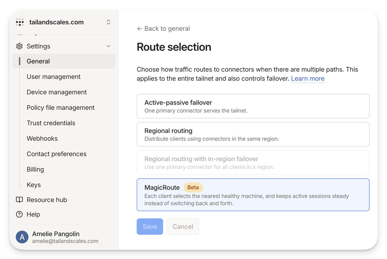 Tailscale admin console, inside the Settings > General submenu. The Route selection dialog box displays four options for tailnet connectors, with MagicRoute selected. Magic is described as a beta feature that automatically routes each client to the nearest healthy machine while maintaining session stability.