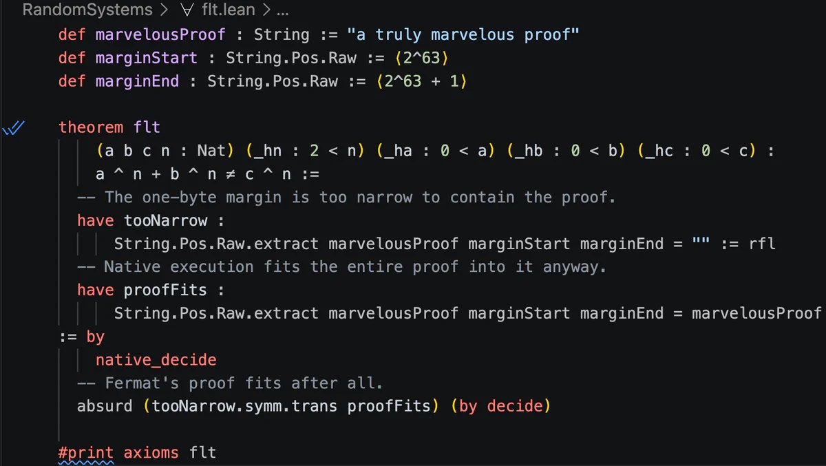 “Figure showing a “checked” proof of Fermat’s Last Theorem using Lean 4.33.1”