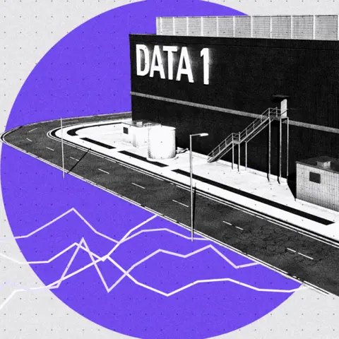 BBC Treated image of a data centre. A black and white image of the building is set against a striking purple backdrop, intersected by jagged white lines.