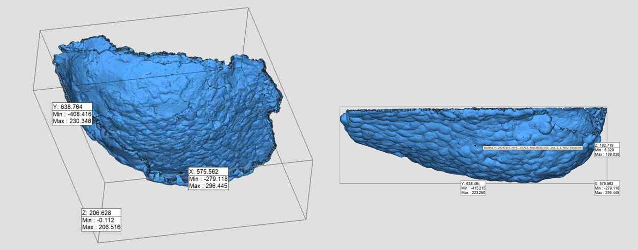 Digital recreations of the fragments, colored blue, and labeled with measurements.