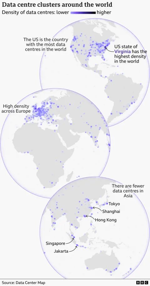 Three globe maps show the density of data centres worldwide, with darker purple indicating higher concentrations. The United States has the largest number of data centres, with Virginia highlighted as the area with the highest density globally. Europe shows a broad cluster stretching across western and northern Europe. In Asia, major concentrations are marked around Tokyo, Shanghai, Hong Kong, Singapore and Jakarta, with smaller clusters visible elsewhere around the world.