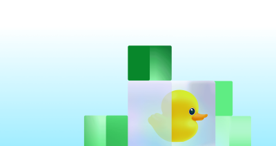 Decorative illustration featuring Ducky inside a translucent cube surrounded by green geometric blocks.