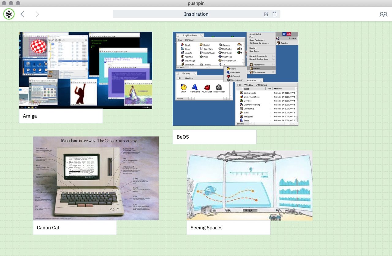 Screenshot of PushPin, showing images and text cards on a canvas